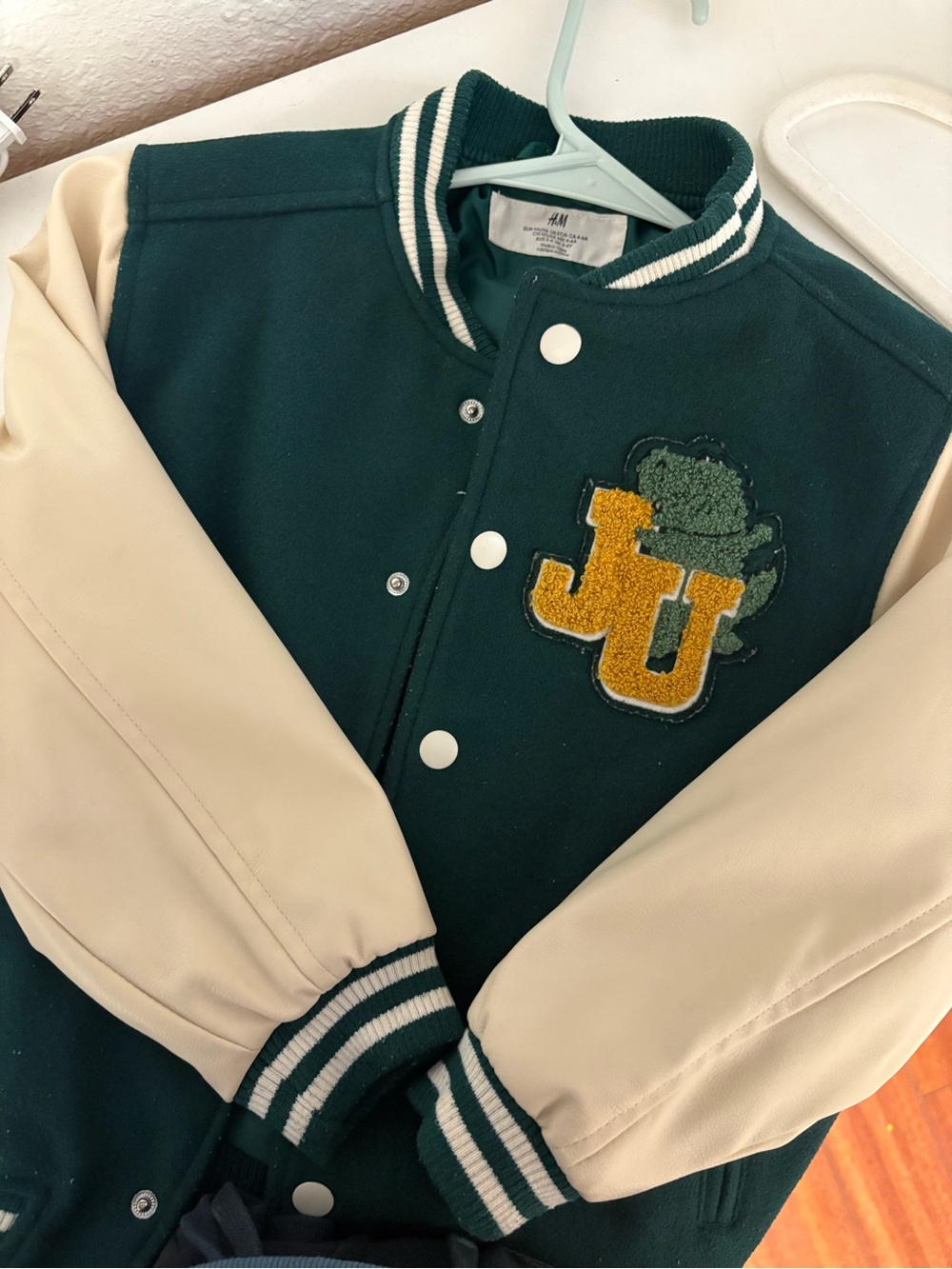 H&M Dark Green and Cream Kids Varsity Jacket with Letter Patch
